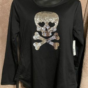 Halloween Sparkly Skull heart eyes long sleeve black shirt. Side ties.Round neck